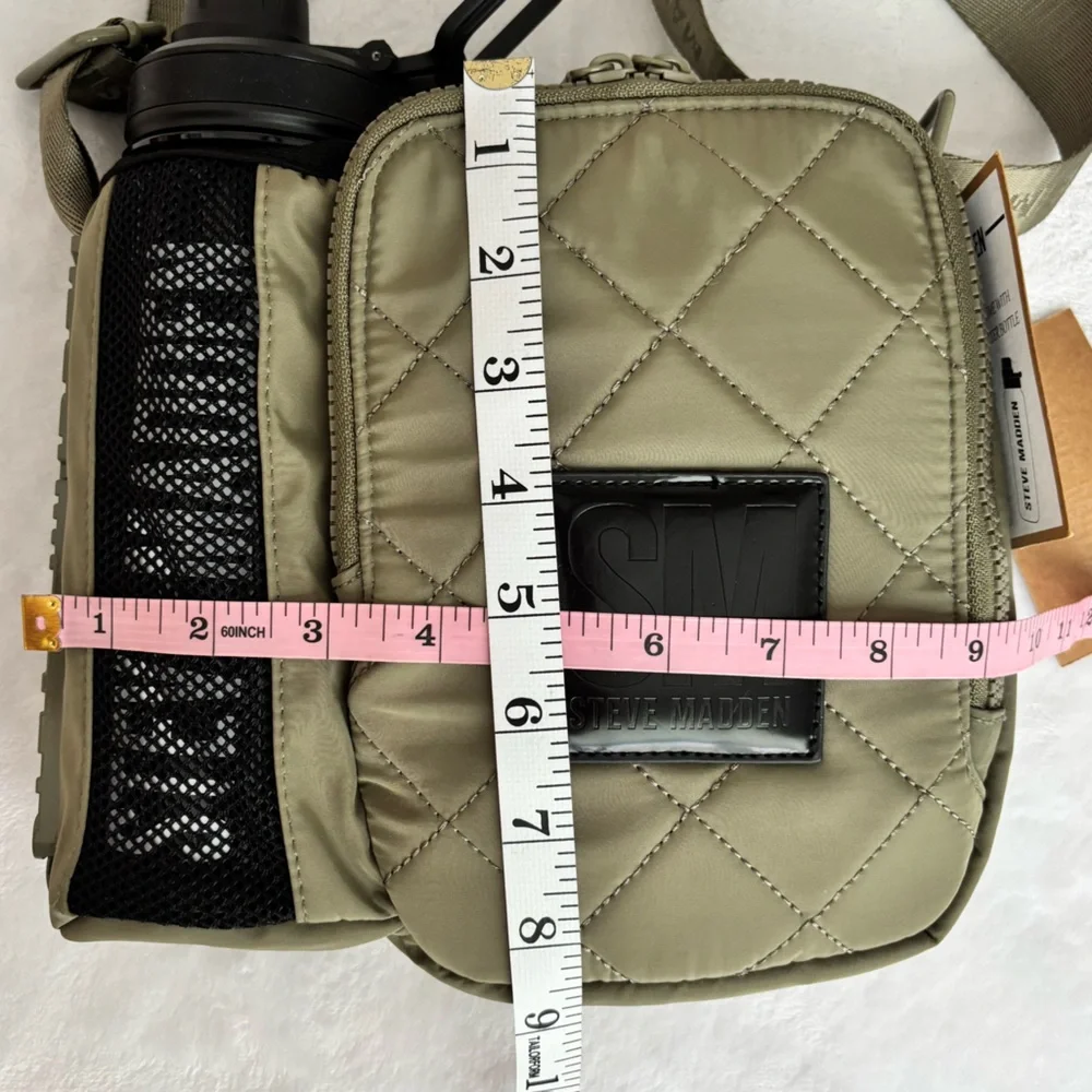STEVE MADDEN Bavia Olive Green Quilted Crossbody Bag with Attached Water Bottle